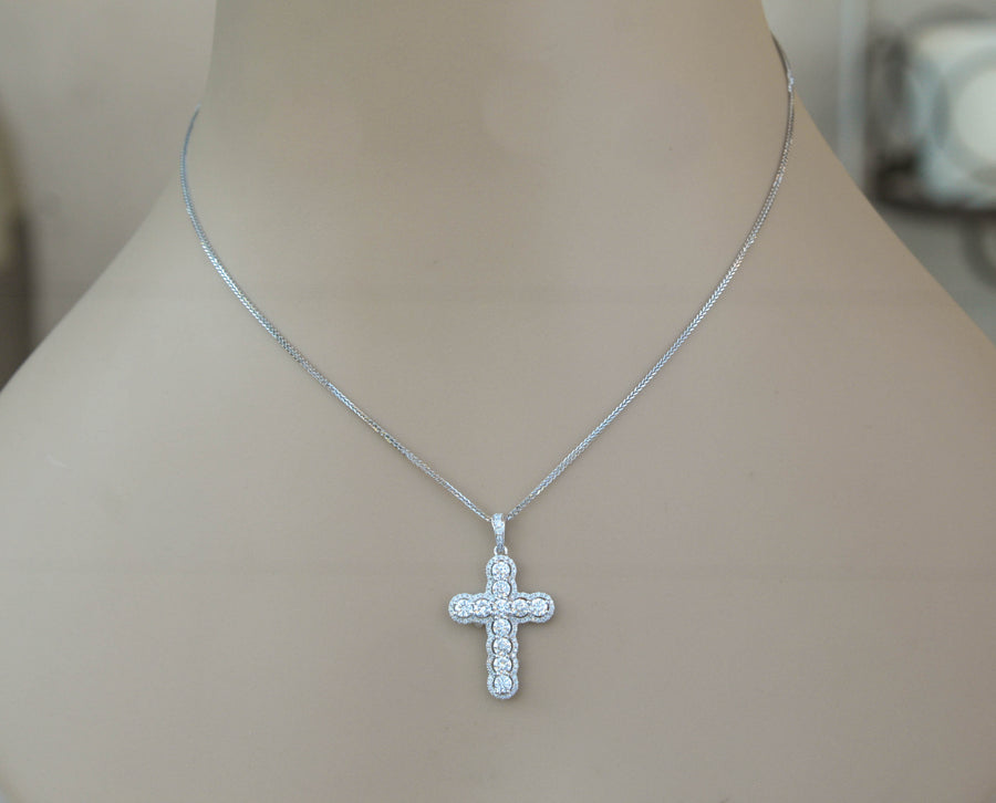 1.31ct Diamond Cross Pendant Necklace 18k White Gold