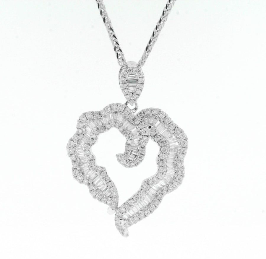 1.32ct Baguette Diamond Heart Pendant Necklace 18k White Gold