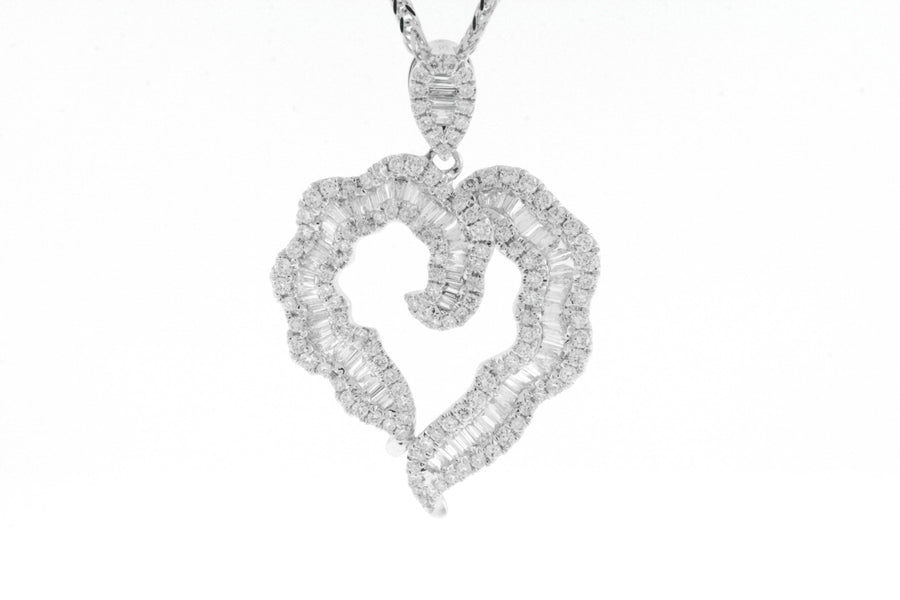 1.32ct Baguette Diamond Heart Pendant Necklace 18k White Gold
