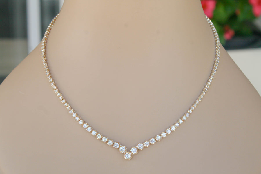 7ct Diamond V Tennis Necklace Graduated 14k Yellow Gold