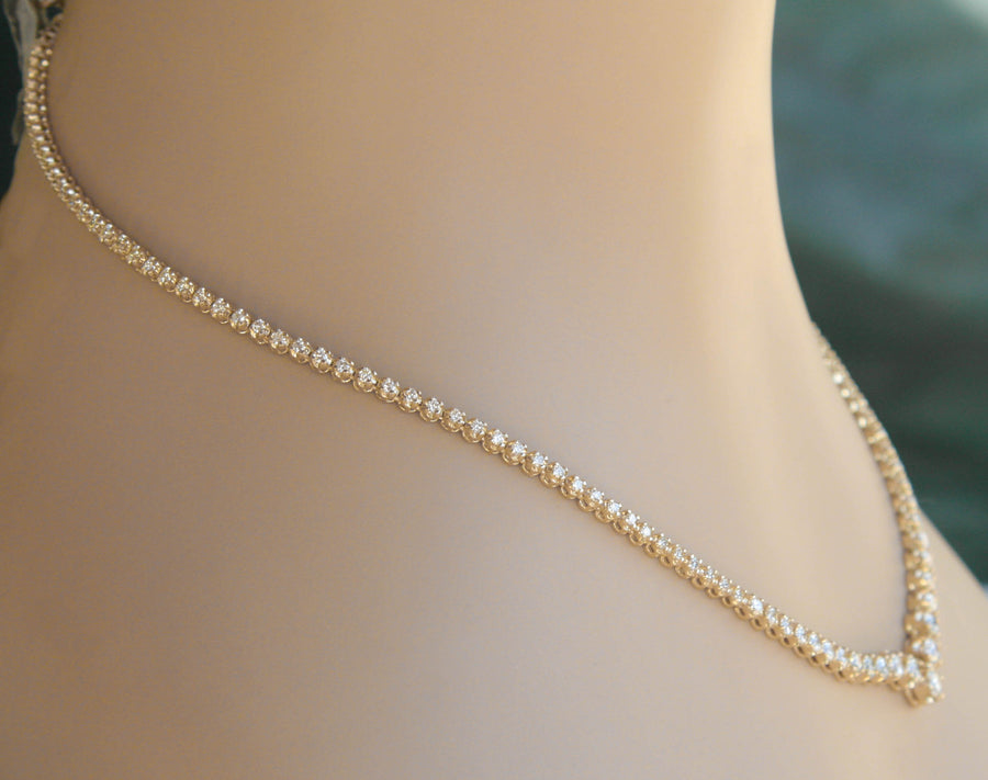 7ct Diamond V Tennis Necklace Graduated 14k Yellow Gold