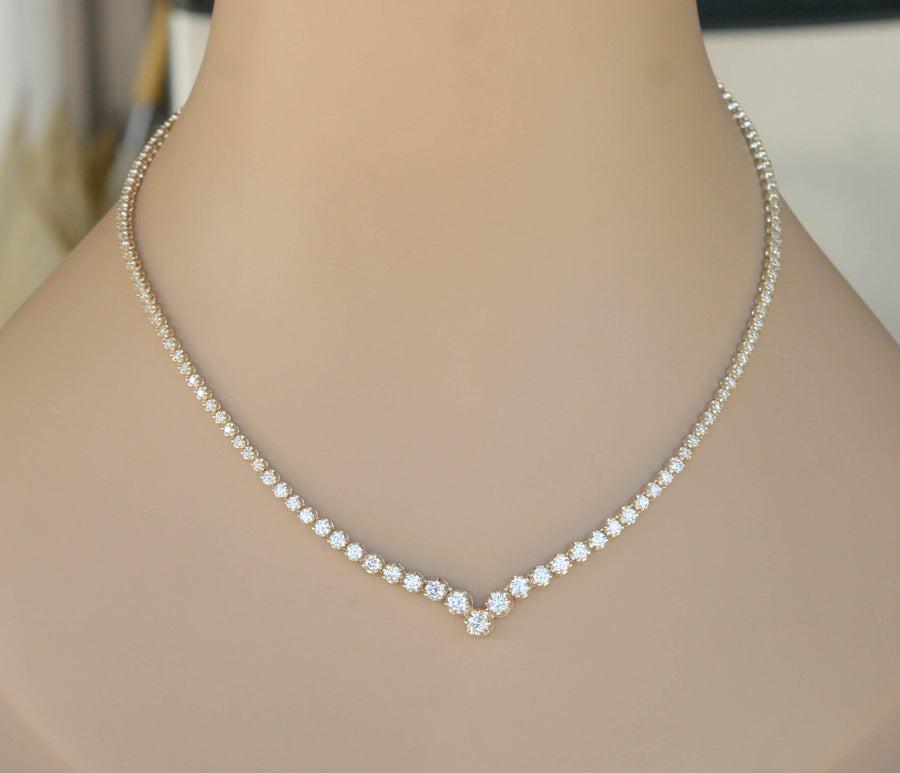 7ct Diamond V Tennis Necklace Graduated 14k Yellow Gold