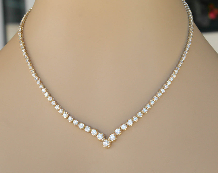 10ct Diamond V Tennis Necklace Graduated 14k Yellow Gold