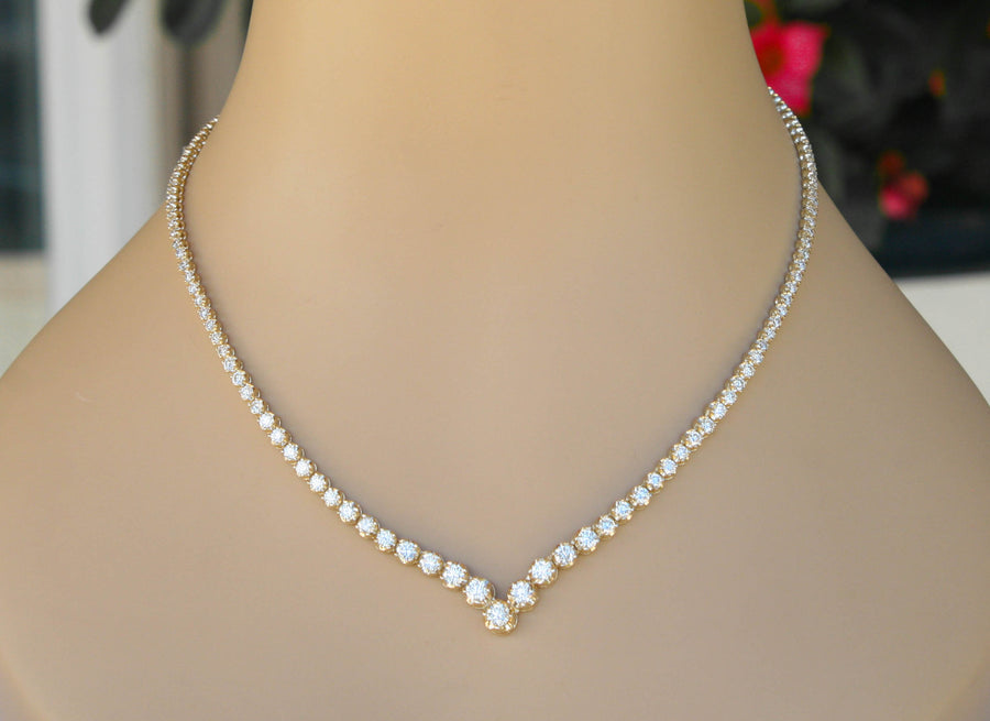 10ct Diamond V Tennis Necklace Graduated 14k Yellow Gold
