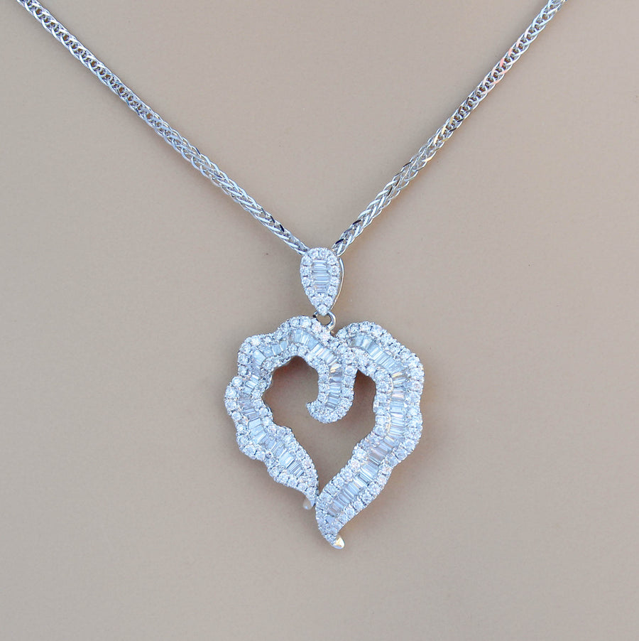 1.32ct Baguette Diamond Heart Pendant Necklace 18k White Gold