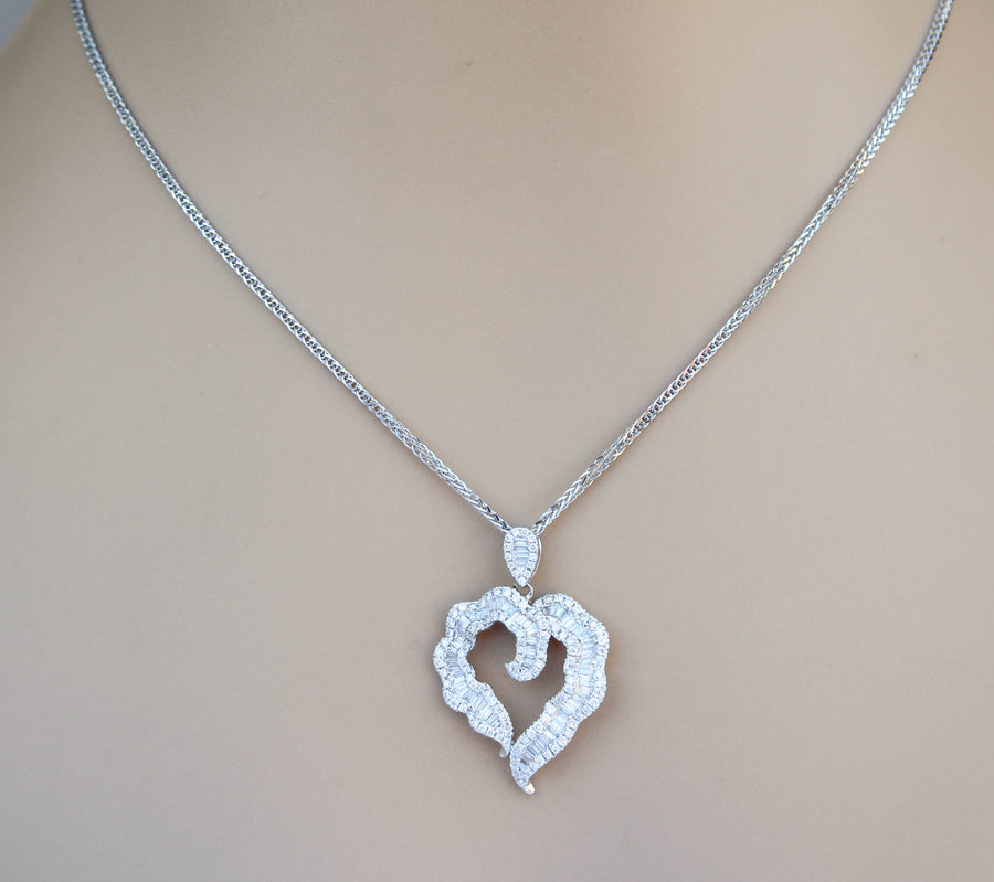 1.32ct Baguette Diamond Heart Pendant Necklace 18k White Gold