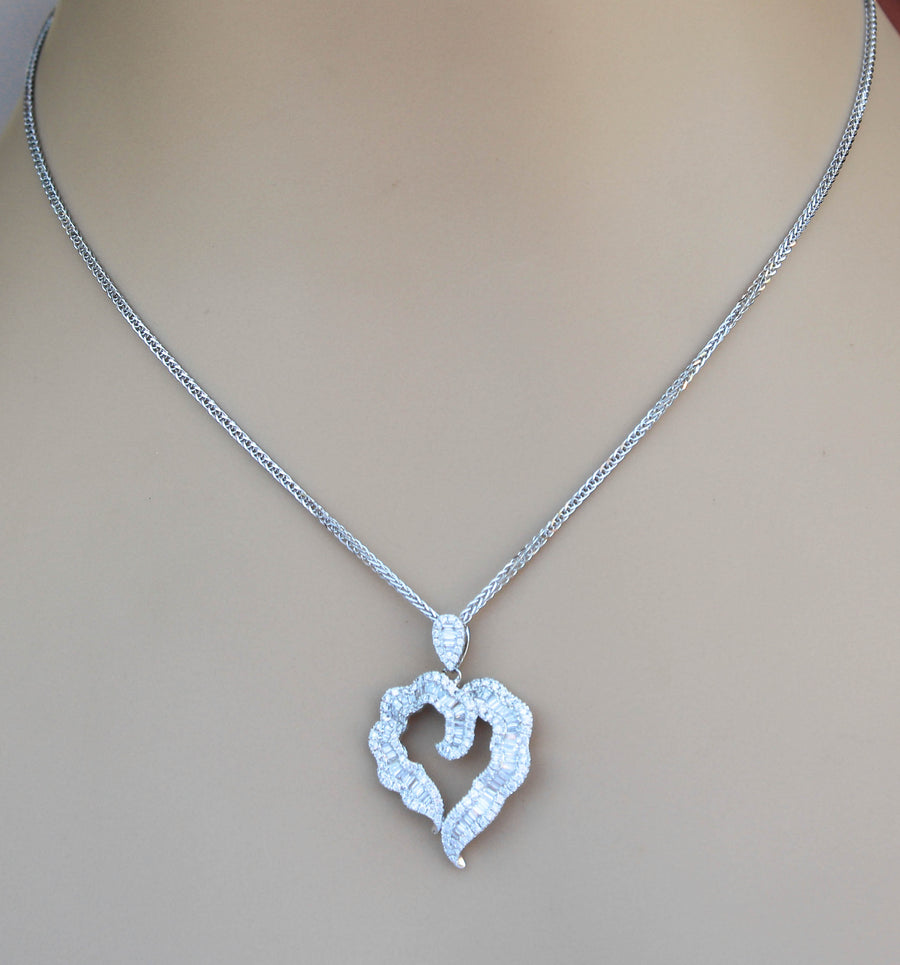 1.32ct Baguette Diamond Heart Pendant Necklace 18k White Gold