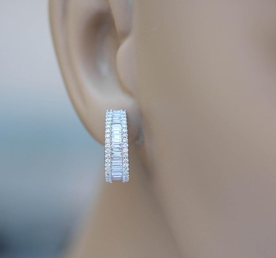 1.37ct Baguette Diamond Hoop Earrings 18k White Gold Omega Back