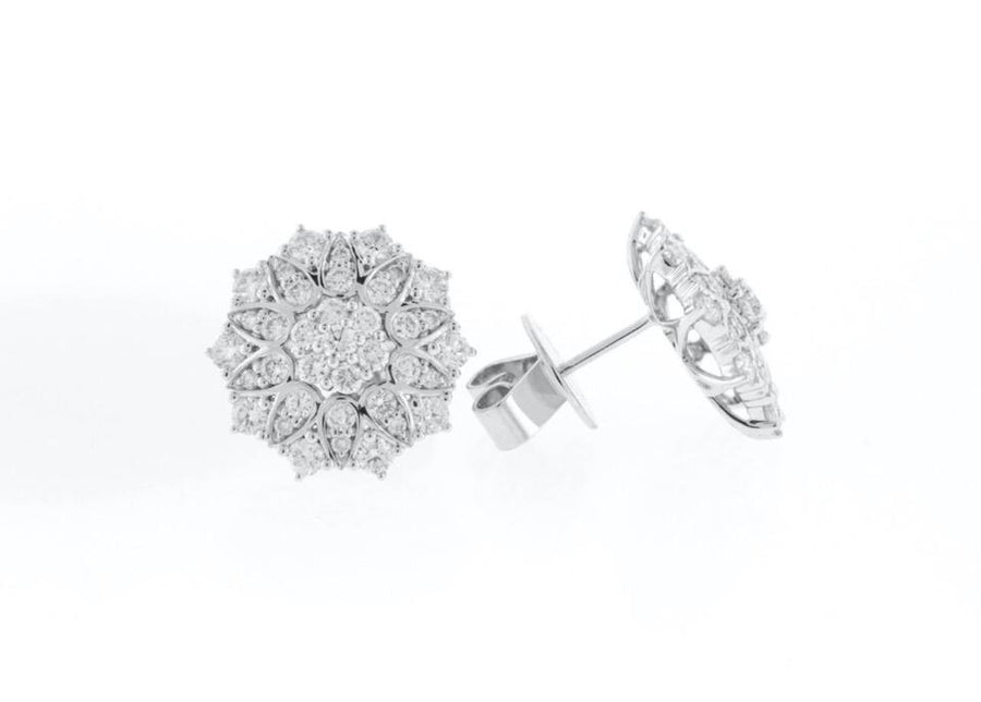 1.85ct Diamond Flower Stud Earrings 18k White Gold 14.5mm