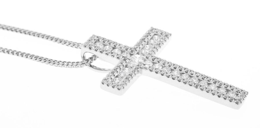 0.85ct Diamond Cross Pendant Necklace 18k White Gold