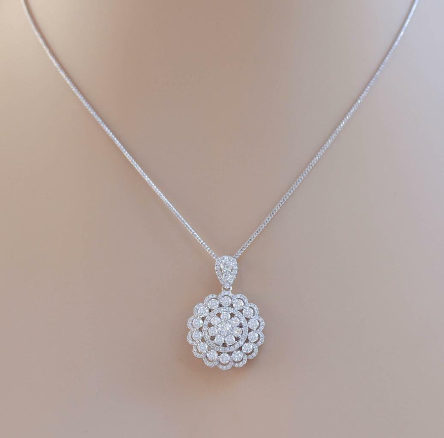 2.85ct Diamond Flower Pendant Necklace 18k White Gold