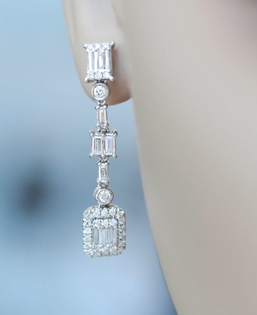 1.36ct Baguette Diamond Dangle Drop Earrings 18k White Gold