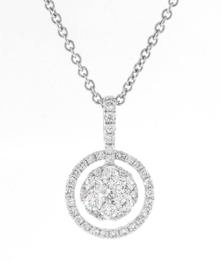 0.69ct Diamond Pendant Necklace 18k White Gold Halo Cluster