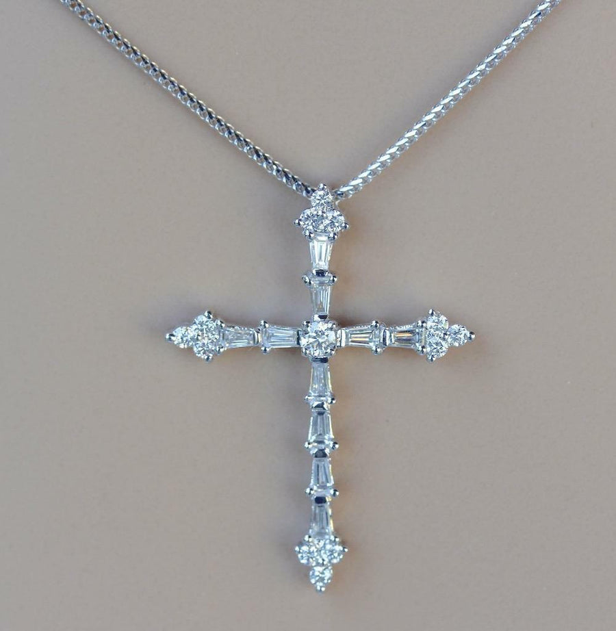 0.75ct Baguette Diamond Cross Pendant 18k White Gold Necklace