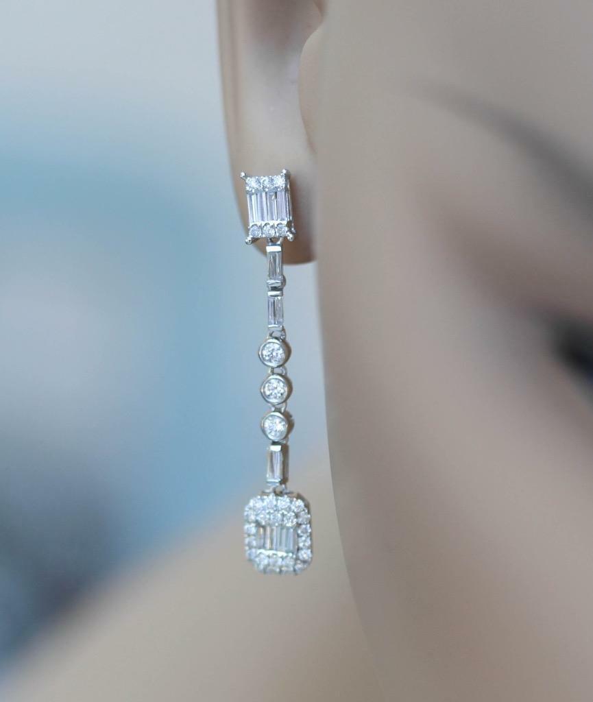1.15ct Baguette Diamond Dangle Earrings 18k White Gold