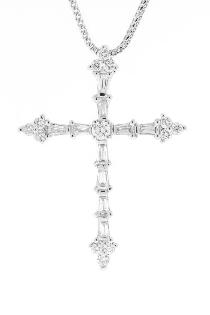 0.75ct Baguette Diamond Cross Pendant 18k White Gold Necklace