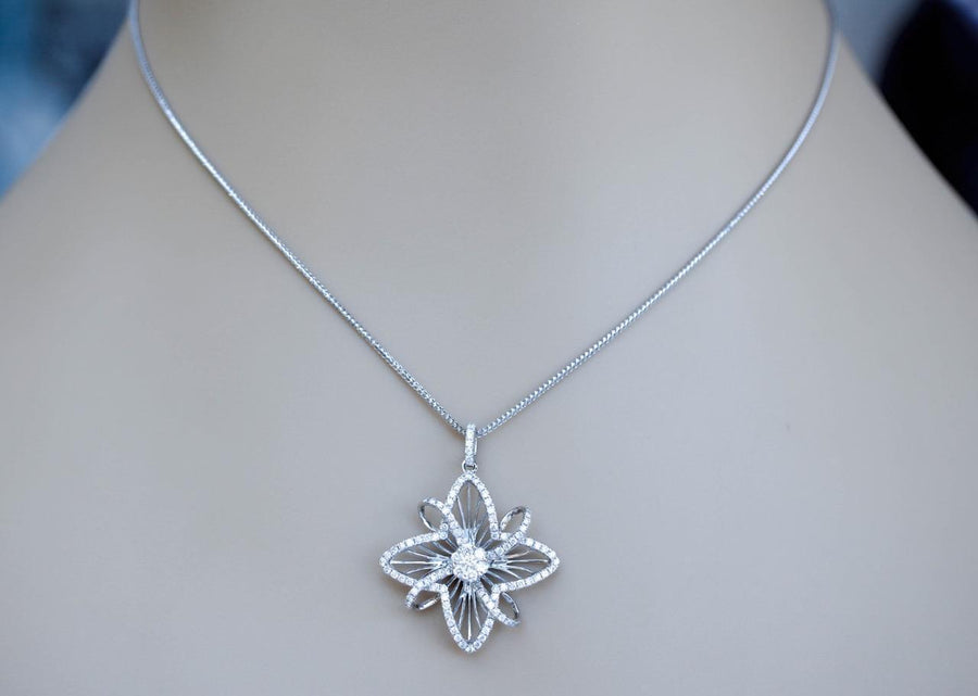 1.38ct Diamond Pendant Flower Necklace 18k White Gold