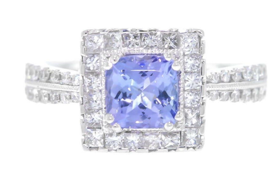 1.88ct Tanzanite and Diamond Halo Ring 18k White Gold