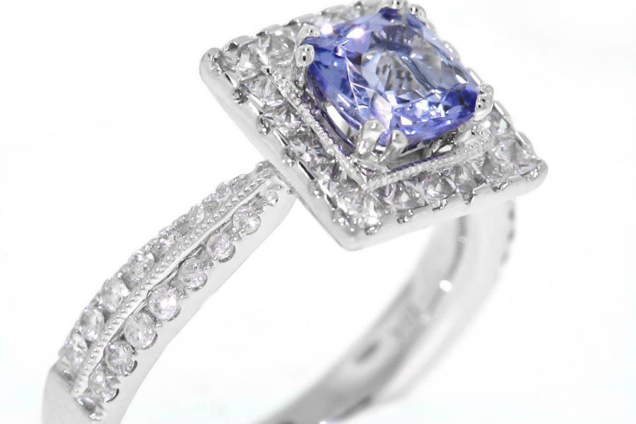 1.88ct Tanzanite and Diamond Halo Ring 18k White Gold