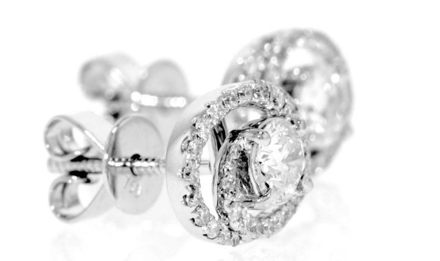 1.00ct Diamond Halo Stud Earrings 18k White Gold Screw Back