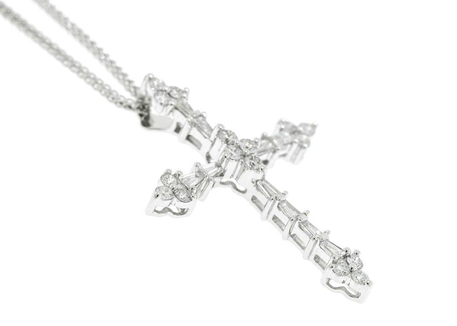 0.60ct Diamond Cross Pendant Necklace Baguette 18k White Gold