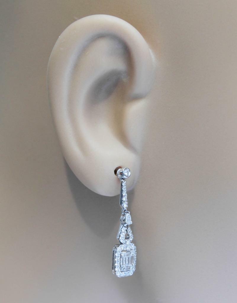 1.00ct Diamond Dangle Earrings Baguette Drop 18k White Gold