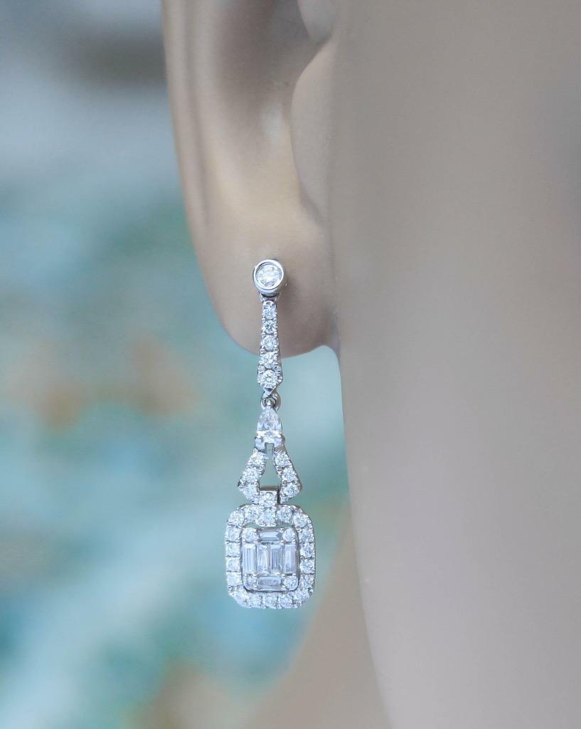 1.00ct Diamond Dangle Earrings Baguette Drop 18k White Gold