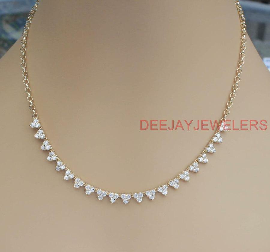 4ct Diamond Cluster Half Riviera Tennis Necklace 14k Yellow Gold
