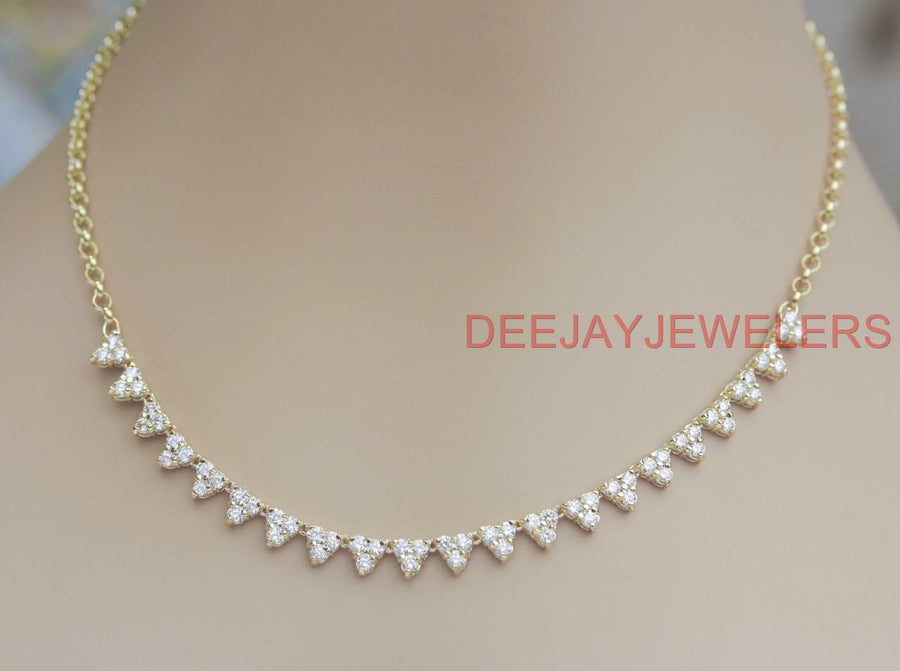4ct Diamond Cluster Half Riviera Tennis Necklace 14k Yellow Gold