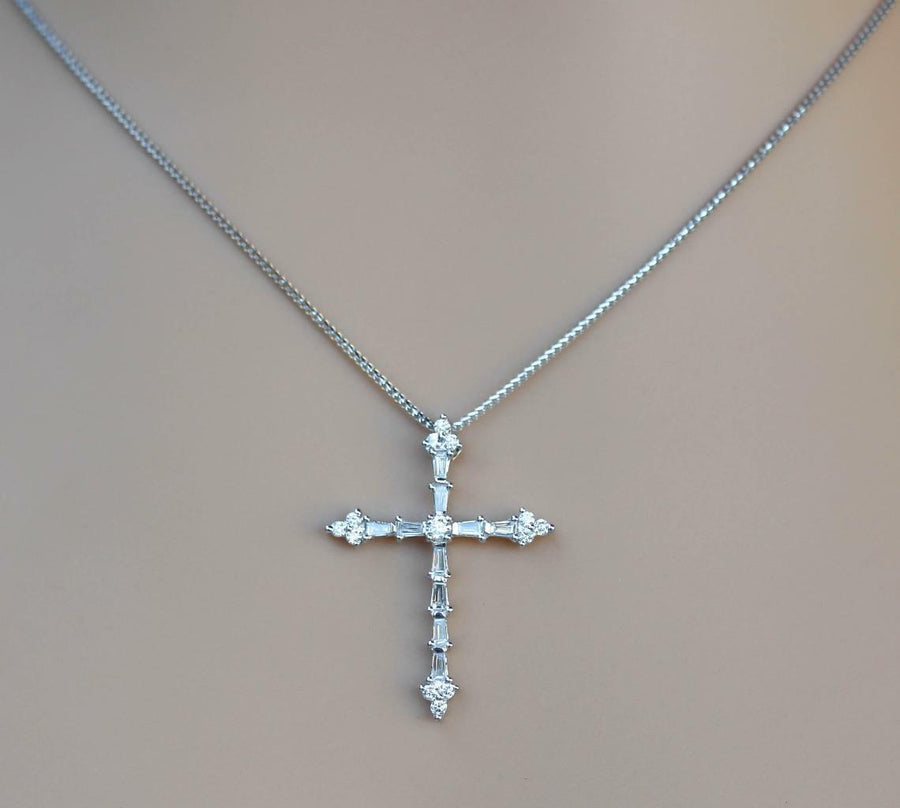 0.75ct Baguette Diamond Cross Pendant 18k White Gold Necklace