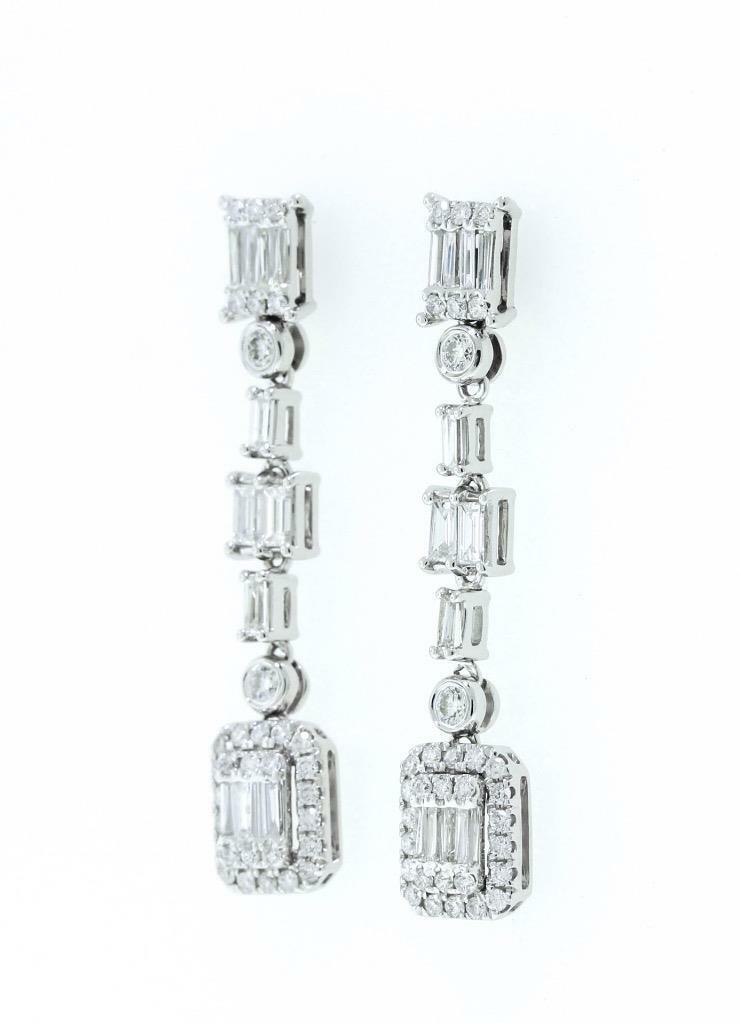 1.36ct Baguette Diamond Dangle Drop Earrings 18k White Gold
