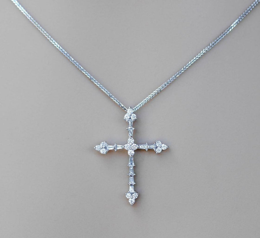 0.60ct Diamond Cross Pendant Necklace Baguette 18k White Gold