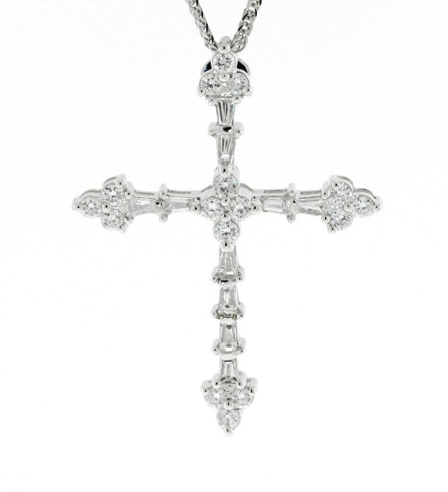 0.60ct Diamond Cross Pendant Necklace Baguette 18k White Gold