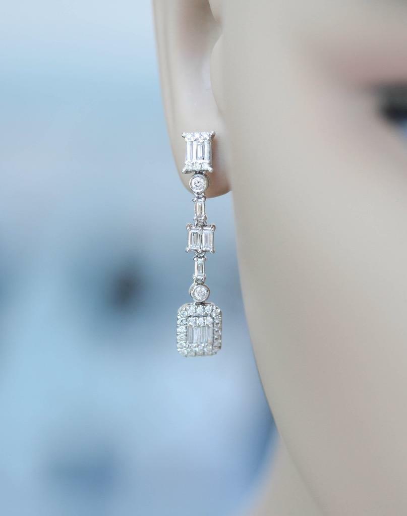 1.36ct Baguette Diamond Dangle Drop Earrings 18k White Gold
