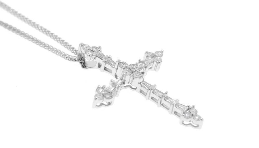 0.60ct Diamond Cross Pendant Necklace Baguette 18k White Gold