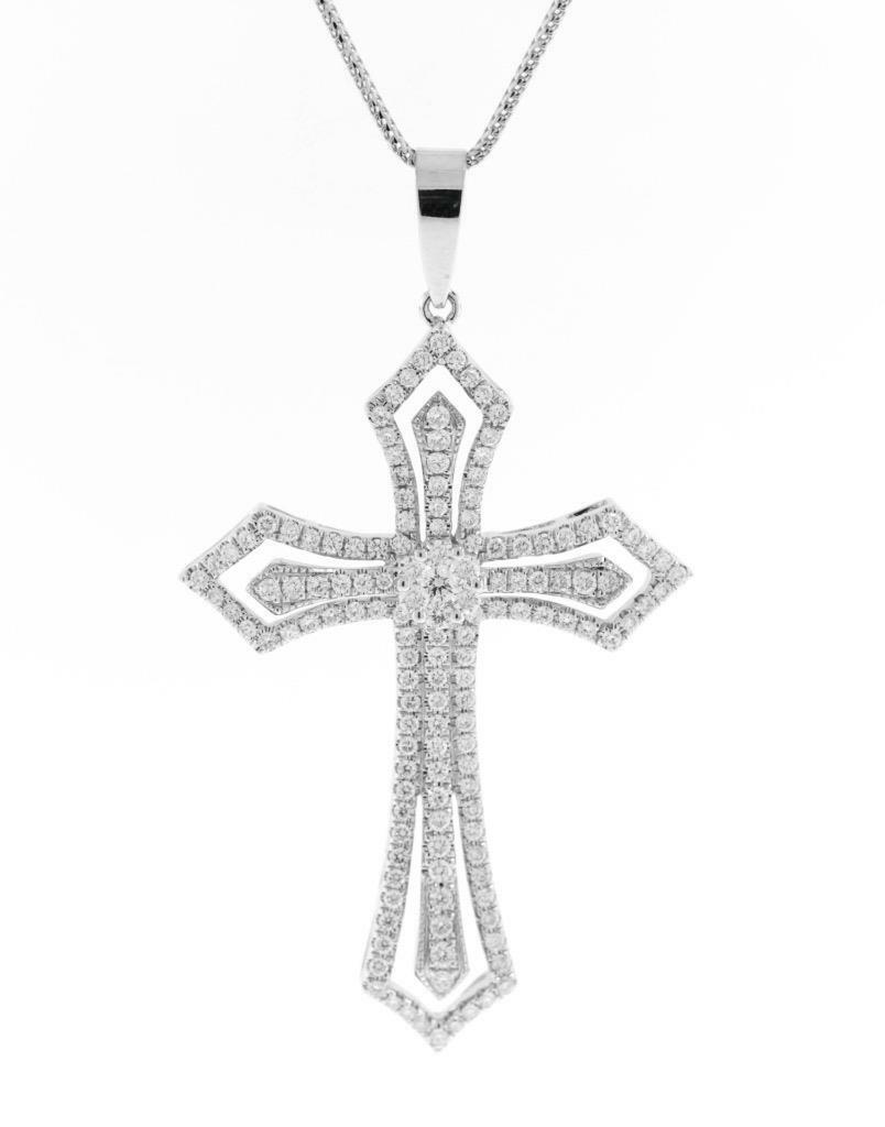 1.82ct Diamond Cross Pendant Necklace 18k White Gold