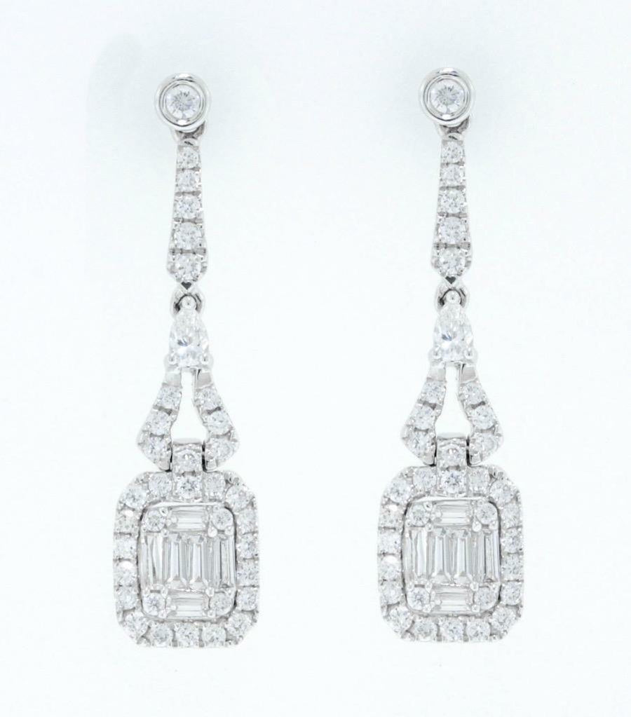 1.00ct Diamond Dangle Earrings Baguette Drop 18k White Gold