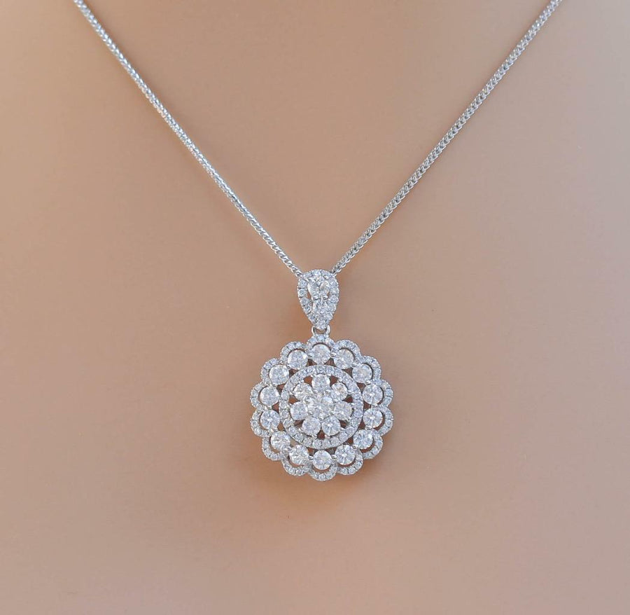 2.85ct Diamond Flower Pendant Necklace 18k White Gold