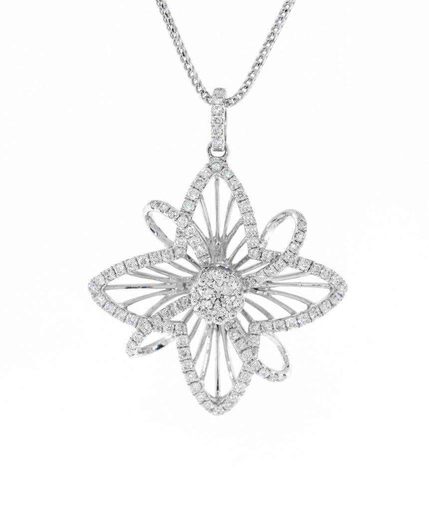 1.38ct Diamond Pendant Flower Necklace 18k White Gold