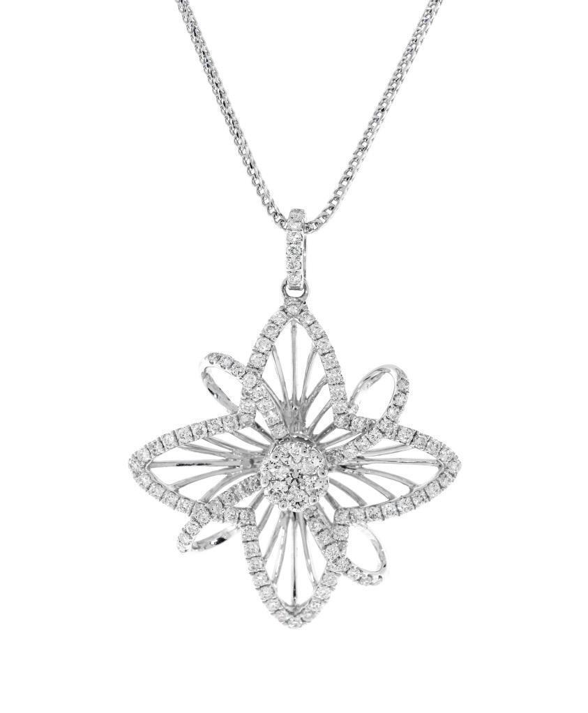 1.38ct Diamond Pendant Flower Necklace 18k White Gold