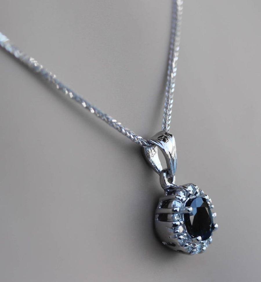 2.00ct Natural Blue Sapphire and Diamond Pendant Necklace 14k White Gold