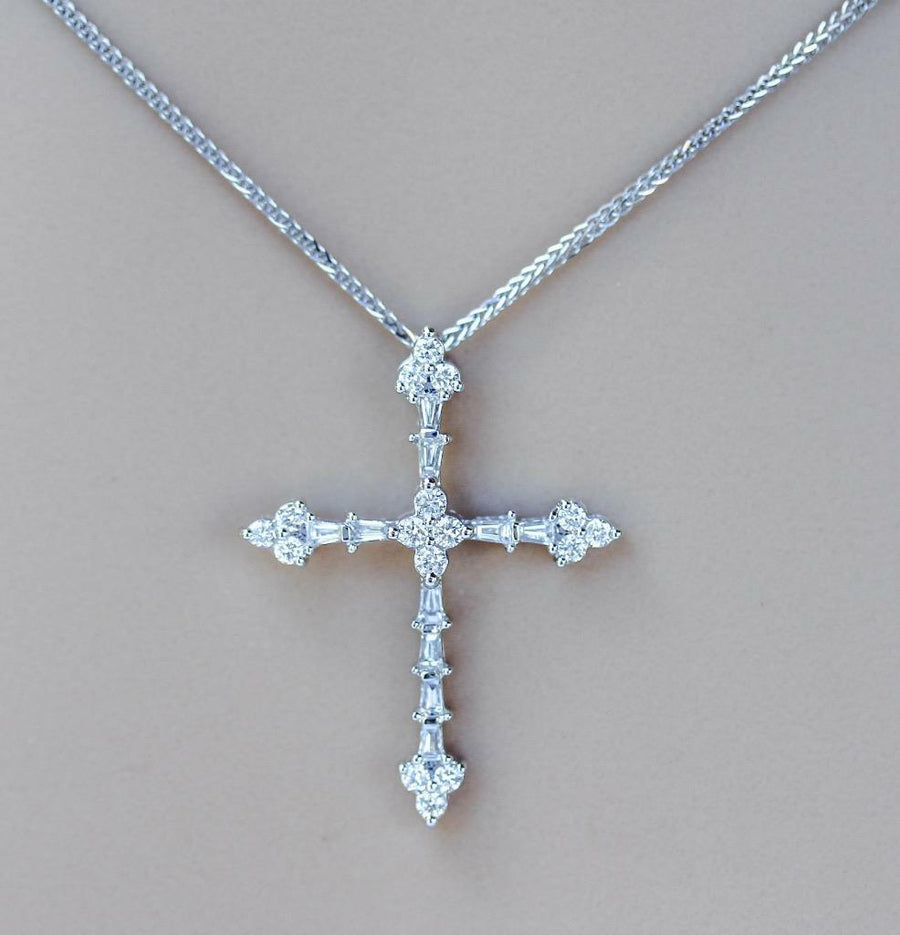 0.60ct Diamond Cross Pendant Necklace Baguette 18k White Gold