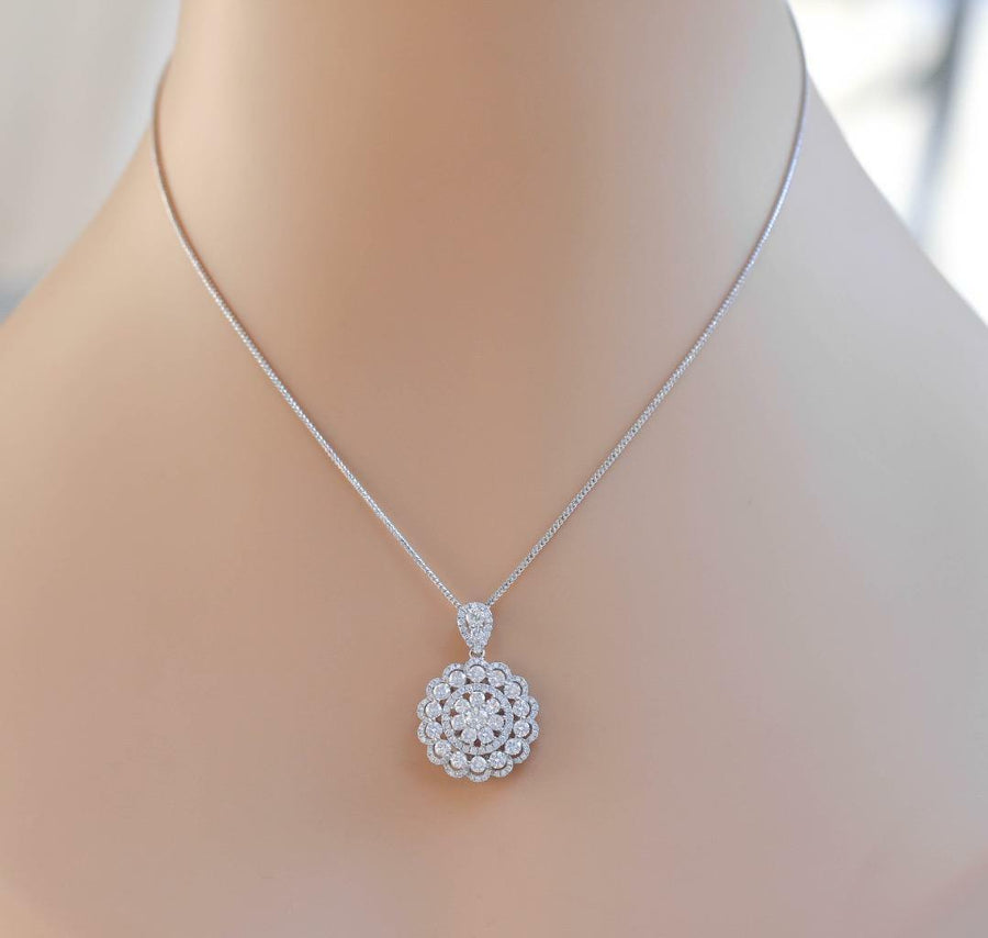 2.85ct Diamond Flower Pendant Necklace 18k White Gold