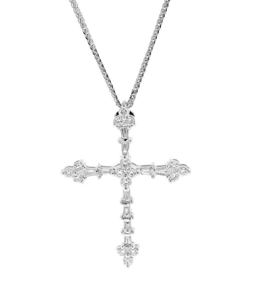 0.60ct Diamond Cross Pendant Necklace Baguette 18k White Gold