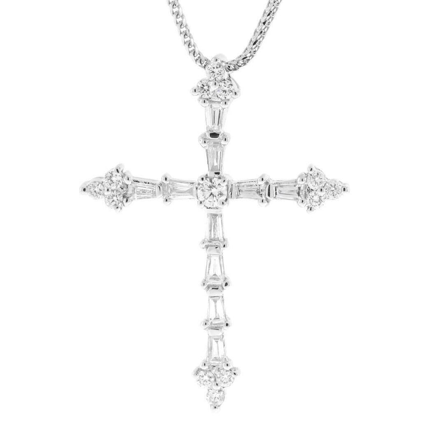 0.75ct Baguette Diamond Cross Pendant 18k White Gold Necklace