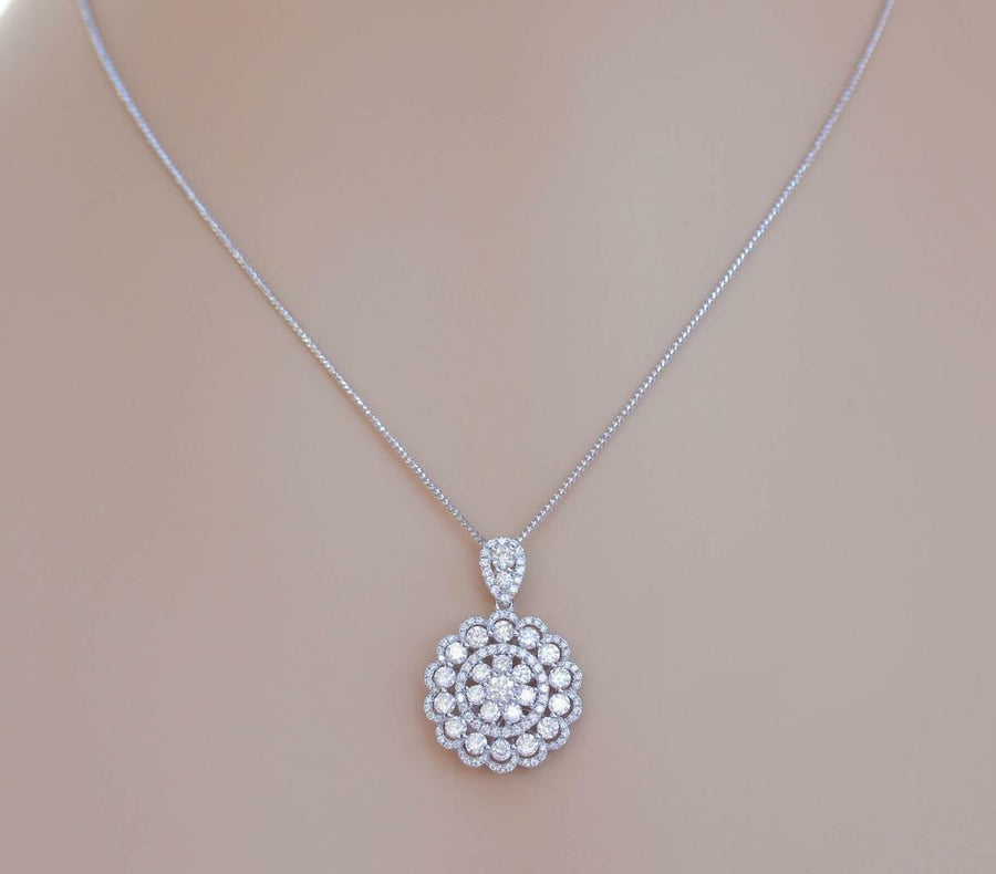 2.85ct Diamond Flower Pendant Necklace 18k White Gold