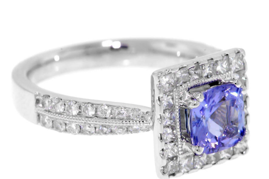 1.88ct Tanzanite and Diamond Halo Ring 18k White Gold