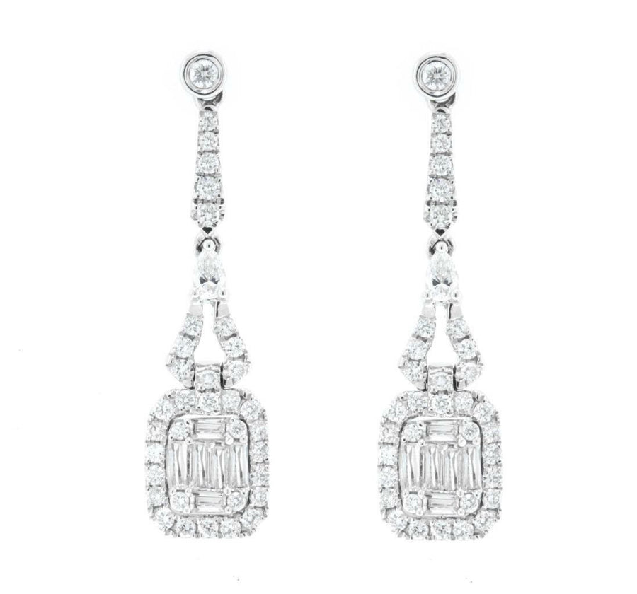 1.00ct Diamond Dangle Earrings Baguette Drop 18k White Gold