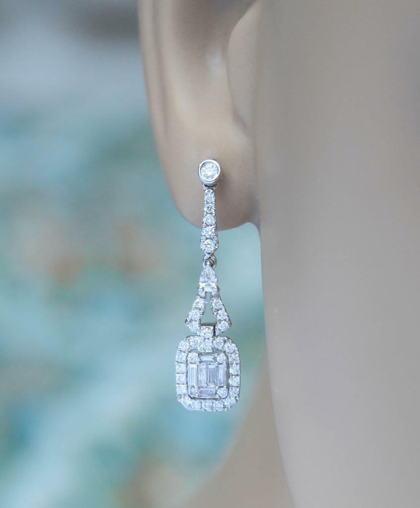 1.00ct Diamond Dangle Earrings Baguette Drop 18k White Gold