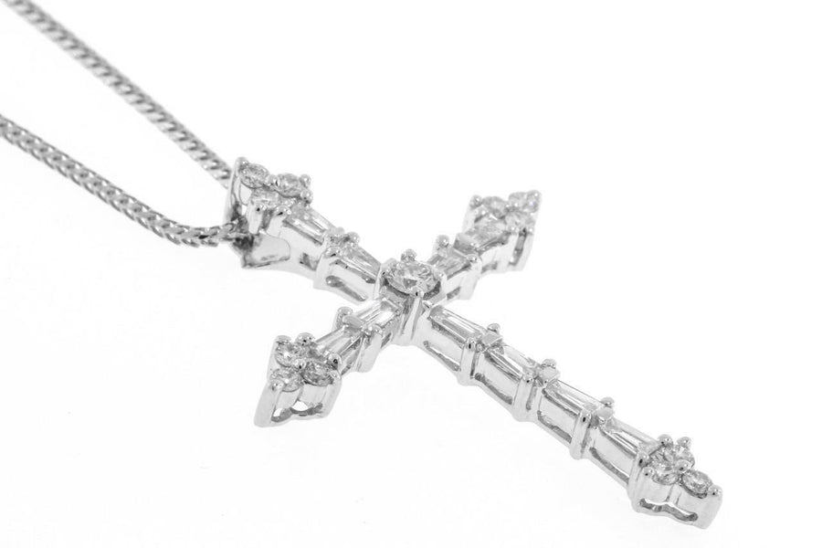 0.75ct Baguette Diamond Cross Pendant 18k White Gold Necklace